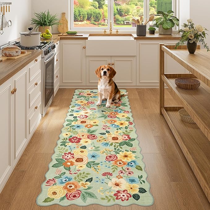 DUKINO 2x6 Runner Rug for Hallway, Washable Kitchen Rug with Non Slip Backing & Non-Shediing, Soft Low Pile Floral Design Runner for Bedroom, Kithchen, Living Room, Laundry, Bathroom, Green