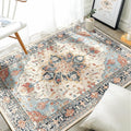 RELEANY Area Rugs 3'x4' Washable Non-Slip, Floral Vintage Distress Medallion Carpet for Living Room Bedroom Dining Room, Beige Navy Blue Orange Colorful