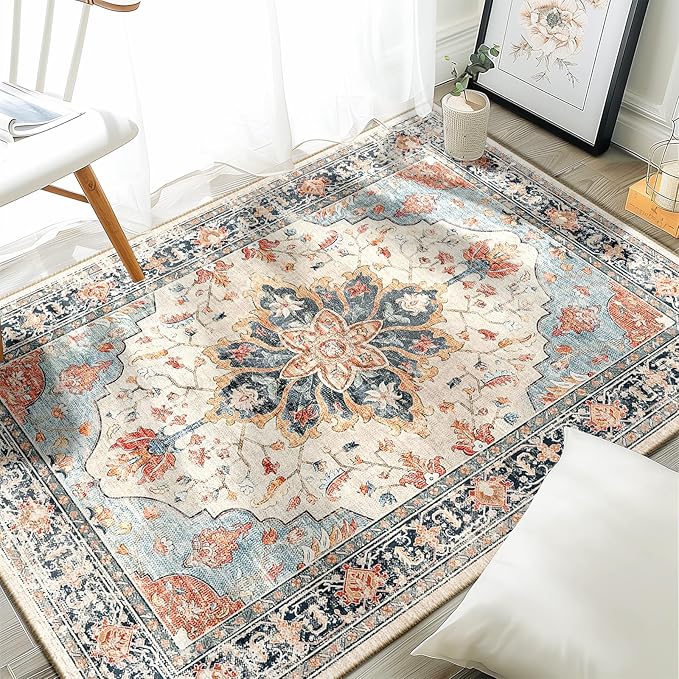 RELEANY Area Rugs 3'x4' Washable Non-Slip, Floral Vintage Distress Medallion Carpet for Living Room Bedroom Dining Room, Beige Navy Blue Orange Colorful