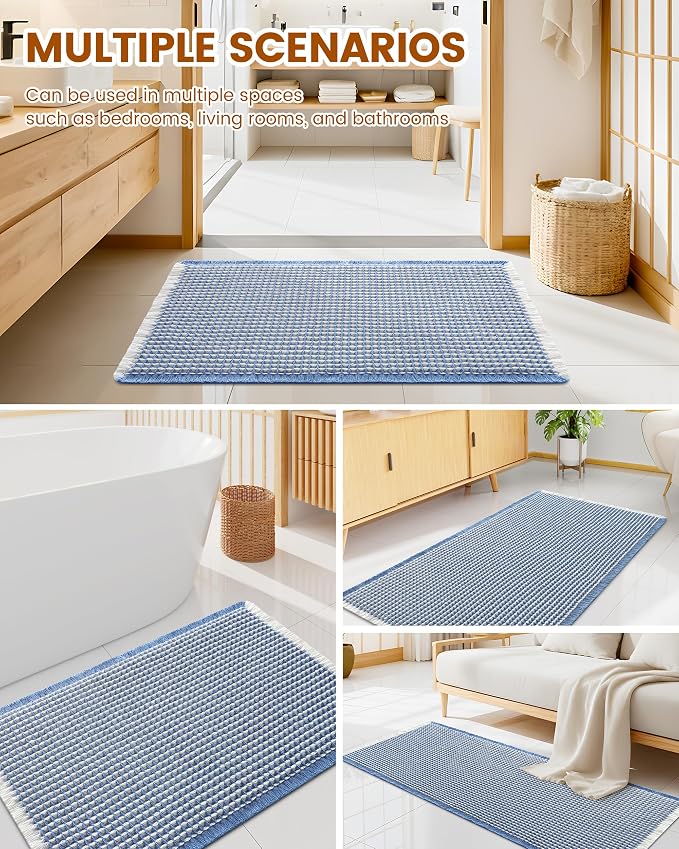 Smiry Waffle Bath Mat 30x18, Extra Soft Absorbent Bathroom Rugs, Non Slip Machine Washable Quick Dry Bath Rugs for Bathroom Floor, Tub, Shower, Home Decor Accessories, Blue & Cream