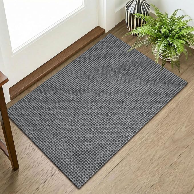 KOZYFLY Indoor Door Mat 2x3 ft Small Area Rugs Washable Front Door Mat Non Slip Rubber Backed Entryway Rug Cotton Entrance Doormat for Front Porch Bathroom Kitchen Bedroom, Grey/Dark Grey
