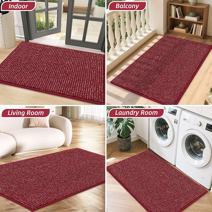BEQHAUSE Dirt Trapper Door Mat 24" x 36", Non-Slip Washable Doormats Entrance Mat, Dirt Resistant and Absorbent Welcome Mat, Low Profile Floor Mats for Front Back Door and Entryway, Red