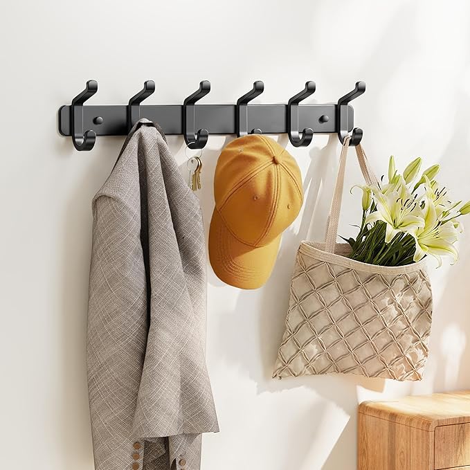 pickpiff Coat Rack Wall Mounted Heavy-Duty: Metal Coat Hanger 6 Hooks for Hanging Hat, Clothes, Robe, Keys, Backpack, Bathroom Towels, Jacket, Purse - Closet, Door, Entryway, Mudroom (Black, 2 Pack)