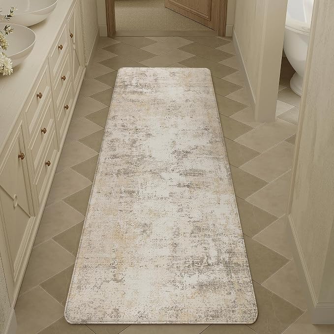 Kitchen Mats for Floor Set of 2 Anti Fatigue Waterproof Kitchen Rug Beige Grey Abstract Cushioned Non-Slip Kitchen Mats Comfort Standing Neutral Mat for Sink Laundry Office 17.3"×59"+17.3"×30"