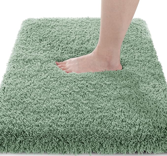 Yimobra Fluffy Plush Bath Rug, Super Shaggy Soft Comfortable Non Slip, Water Absorbent Microfiber Bath Mat, Dries Quickly, Machine Washable Thick Bathroom Rugs for Shower, 44" X 24", Pure Light Green