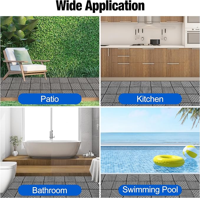 ToLanbbt Modular Interlocking Cushion 12P 11.8" x 11.8" Interlocking Rubber Floor Drain Holes Non-Slip Splicing Drainage Mats for Deck, Shower, Kitchen, Drain Pool, Sauna Bath (Black, 1 Rows Dots)