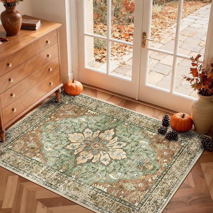 RELEANY Area Rugs 3'x5' Washable Non-Slip, Floral Vintage Distress Medallion Carpet for Living Room Bedroom Dining Room, Terracotta Burnt Orange Green