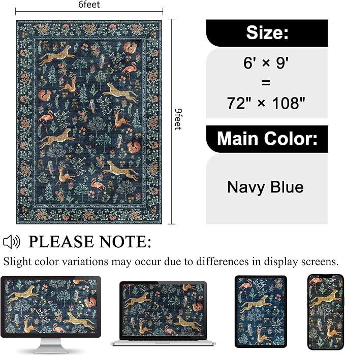 DUKINO 6x9 Rug, Washable Animal Living Room Rug with Non Slip Vintage Design, Soft Low Pile Large Carpet for Bedroom, Nursery, Dining Room, Farmhouse, Playroom, Navy Blue