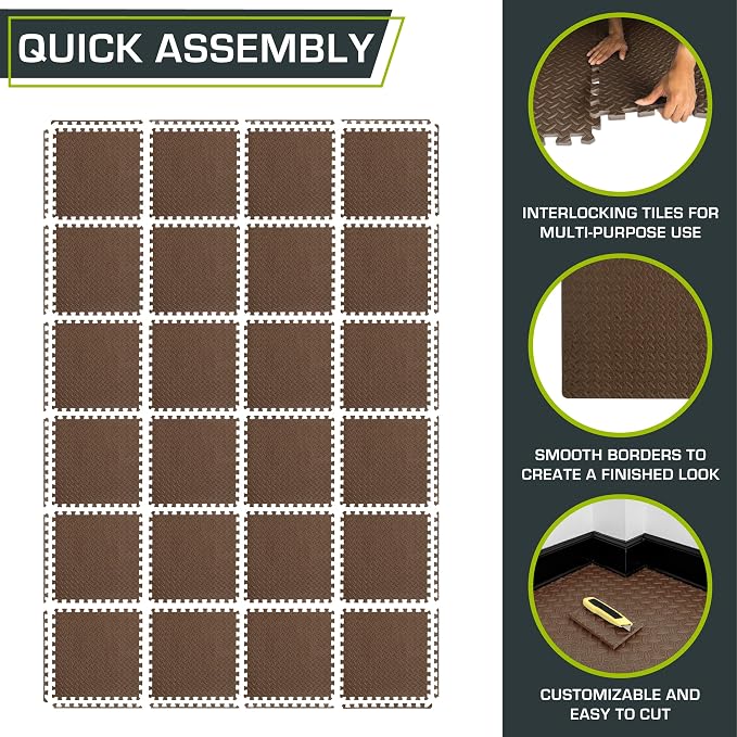 ProsourceFit Exercise Puzzle Mat 1/2-inch, EVA Interlocking Foam Floor Tiles for Home Gym, Workout Equipment, Kids Play Areas, Brown, 96 Sq Ft - 24 Tiles