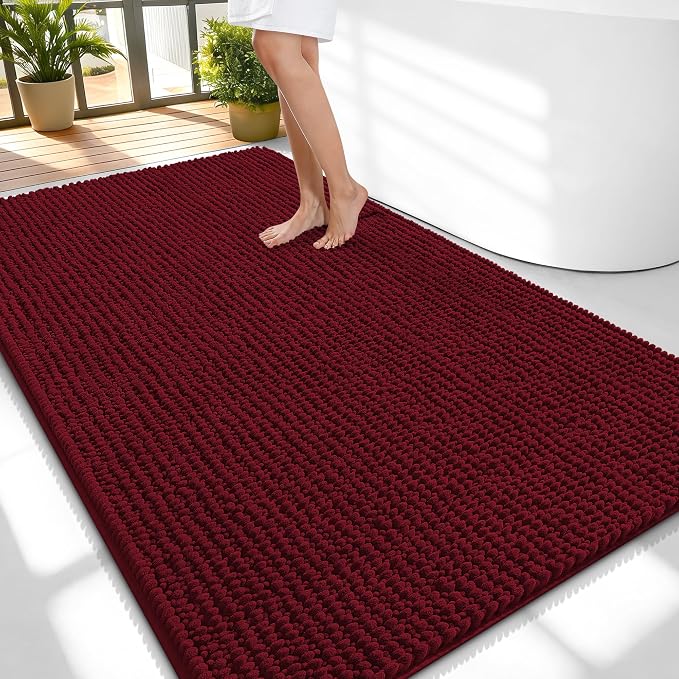 OLANLY Thick Large Bathroom Rugs 59x35, Extra Soft Absorbent Chenille Bath Rugs, Rubber Backing, Machine Wash Dry, Bath Mats for Bathroom Floor, Tub and Shower, Home Decor Accessories, Burgundy
