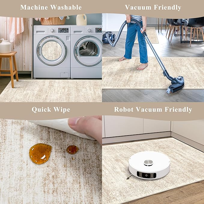 Kitchen Rug Sets 3 Piece Washable – Non Slip Modern Boho Small Kitchen Rugs and Runner Set for Sink Entryway Bathroom Hallway – Soft Low Pile Floor Mats (Cream Beige, 2x3+2x4+2x5)