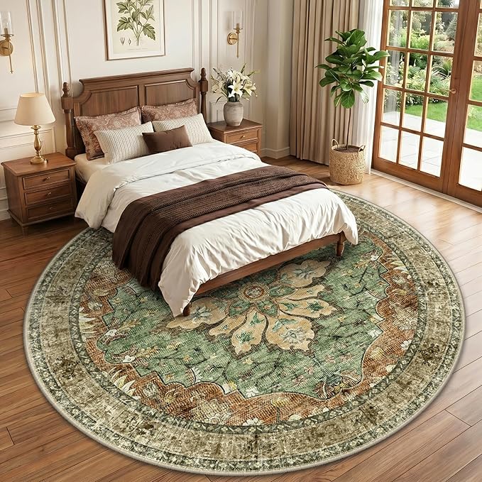 RELEANY Area Rugs Round 10ft Washable Non-Slip, Floral Vintage Distress Medallion Carpet for Living Room Bedroom Dining Room, Terracotta Burnt Orange Green