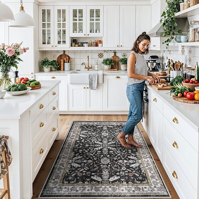 4x6 Kitchen Rug Non-Slip Washable – Boho Vintage Low-Pile Soft Area Carpet for Entryway, Bedroom, Living Room – Stain-Resistant Thin Indoor Rug for Families and Pet Owners (Black, 4x6)