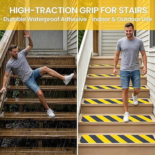 Anti Slip Tape, 2 Inch x 42 Ft Grip Tape for Stairs Outdoor/Indoor, Waterproof Non Skid Roll for Stair Treads Non Slip, High Traction Friction Abrasive Adhesive Stair Steps, Caution Yellow/Black