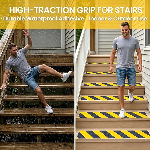 Anti Slip Tape, 4 Inch x 42 Ft Grip Tape for Stairs Outdoor/Indoor, Waterproof Non Skid Roll for Stair Treads Non Slip, High Traction Friction Abrasive Adhesive Stair Steps, Caution Yellow/Black
