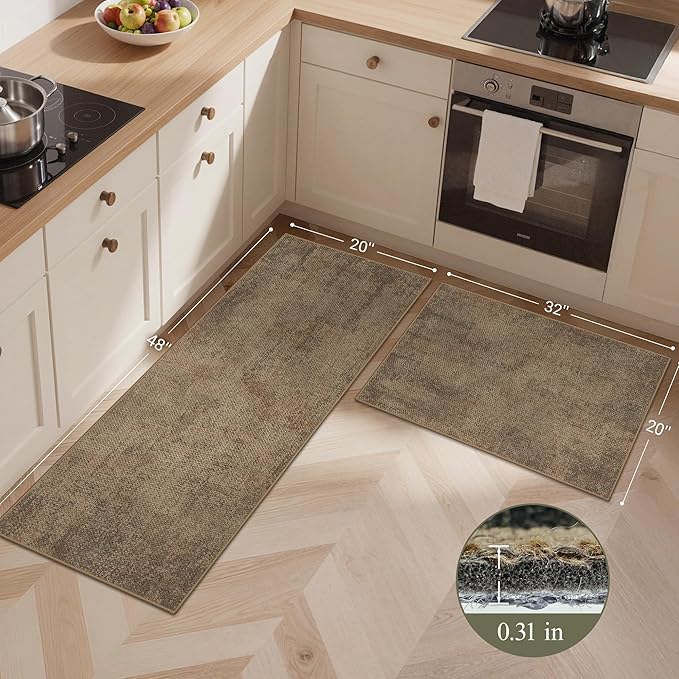 GENIMO Kitchen Mats for Floor 2PCS, Washable Absorbent Runner Rugs for Kitchen, 20"x48"+20"x32", Cushioned Non Slip Kitchen Rugs for Kitchen Floor, Standing Mat Rug for Home, Sink, Laundry, Jute