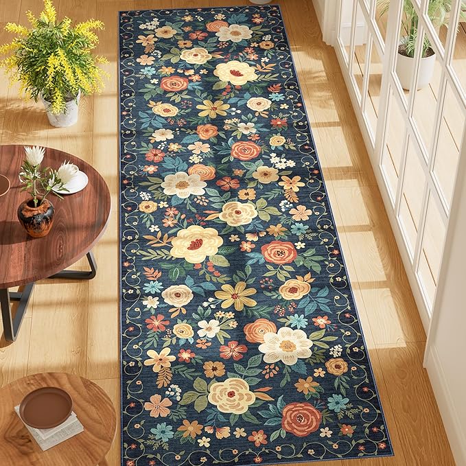 DUKINO Runner Rug, 2x7 Boho Kitchen Rug for Hallways with Low Pile Design, Washable Non Slip Backing Soft Floral Runner for Kitchen, Hallway, Entryway, Bedroom, Laundry, Navy Blue
