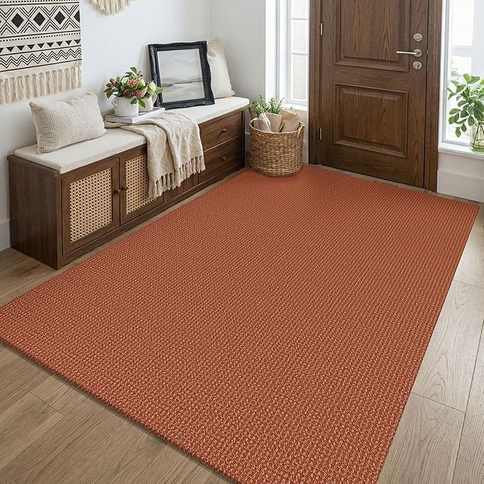 KOZYFLY Orange Washable 4x5 Entry Woven Area Rug, Braided Throw Rugs for Entryway, Non Slip Door Mat Indoor Entrance, Flatweave Carpet for Foyer, Bedroom, Dining, Office, Burnt Orange/Tan
