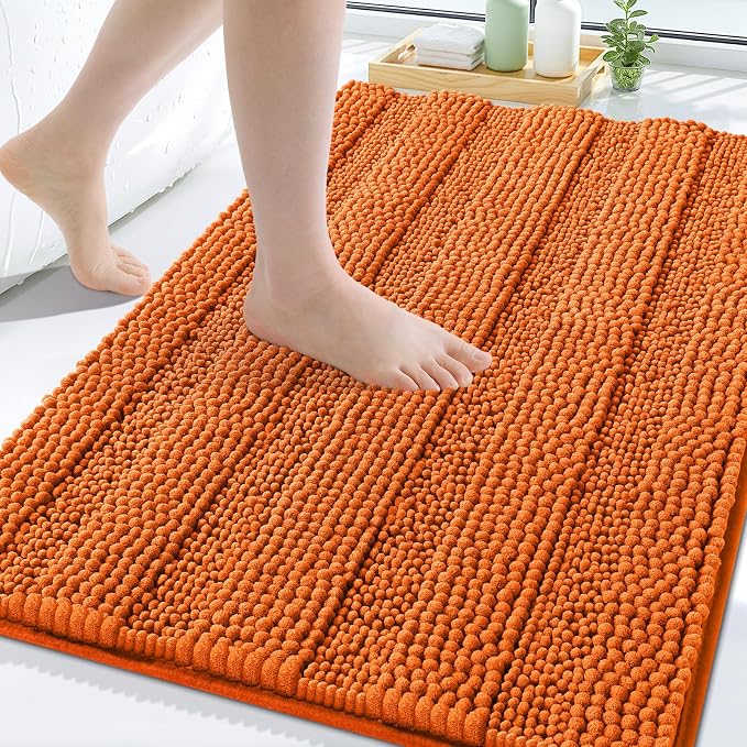 Grandaily Chenille Striped Bathroom Rugs 30x20, Extra Thick and Soft Absorbent Bath Mats, Rubber Backing, Plush Shaggy Shower Carpet, Machine Wash Dry, Bath Rug for Bathroom, Clay