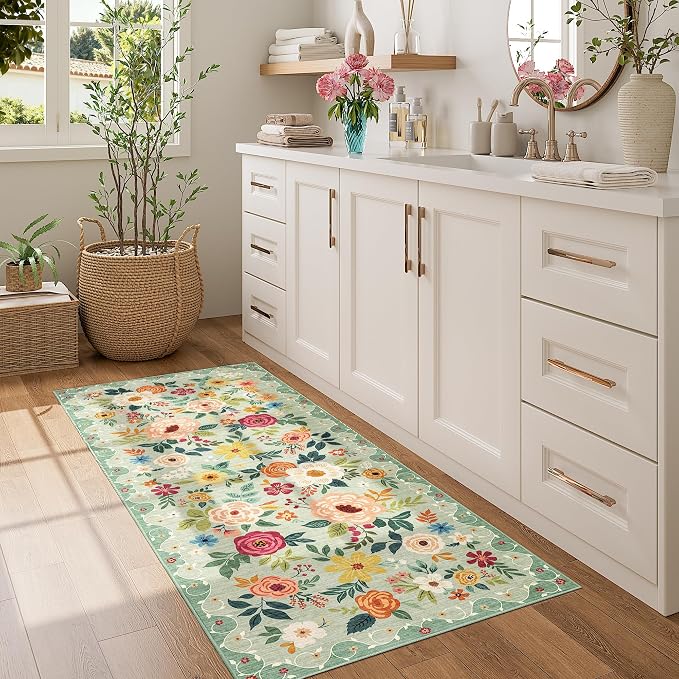 DUKINO 2x5 Runner Rug for Hallway, Washable Kitchen Floral Runner Rug with Non Slip Backing, Low Pile Soft Boho Carpet for Kitchen, Hallway, Entryway, Laundry, Bedroom, Green