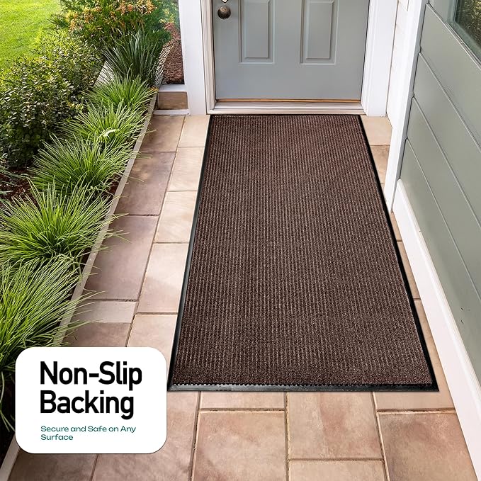 MaxMat® Heavy Duty Entry Floor Mat - Large Commercial, Indoor/Outdoor, Waterproof, Easy to Clean, Low-Profile Door Mat (4 x 6 Feet, Brown, MXM-RIB0046BR)
