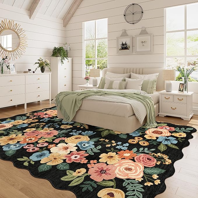 DUKINO 6x9 Area Rug, Floral Washable Rugs for Living Room with Non Slip Backing & Non-Shedding, Lightwight Low Pile Boho Design Large Carpets for Bedroom, Living Room, Dining Room, Black