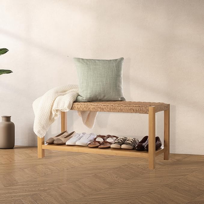 Alaterre Furniture Newport 40 Inch Solid Wood Entryway Bench - Modern Farmhouse Indoor Decorative Bench with Handcrafted Woven Rope Seat - Furniture for Entryway, Dining Room, or Kitchen (Light)
