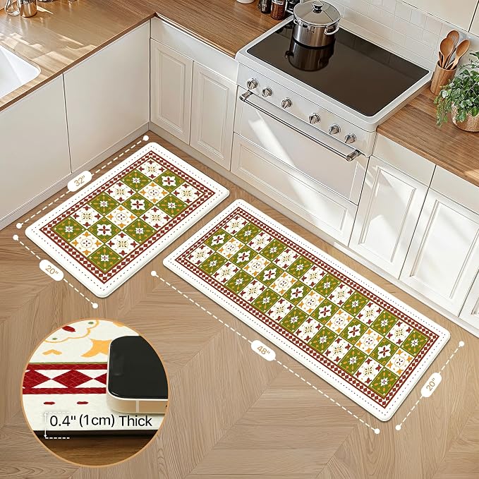 GENIMO Anti Fatigue Kitchen Mats for Floor, Cushioned Non Slip Kitchen Rug, Waterproof Kitchen Floor Mat Runner, Kitchen Mat for Laundry, Sink, Office, Entryway, 20"x48"+20"x32", Green