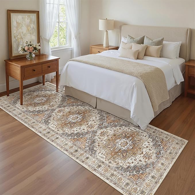 Madane Runner Rug 2'6''x8' Kitchen Runner, Hallway Runner Printed Vintage Washable Rugs Soft Non-Slip Low Pile 2.5x8 ft Runners for Hallways Laundry Room Rug Distressed Rug, Turmeric/Grey