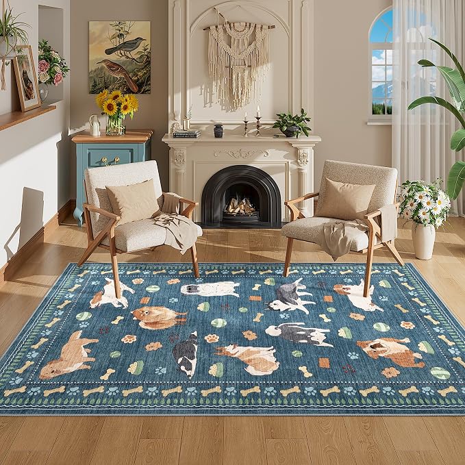 DUKINO 3x5 Area Rug, Lightweight Washable Entryway Rug with Non Slip & Low Pile, Soft Non Shedding Animal Dog Print Pattern Indoor Throw Carpet for Bedroom, Kitchen, Bathroom, Kids Room, Office, Blue