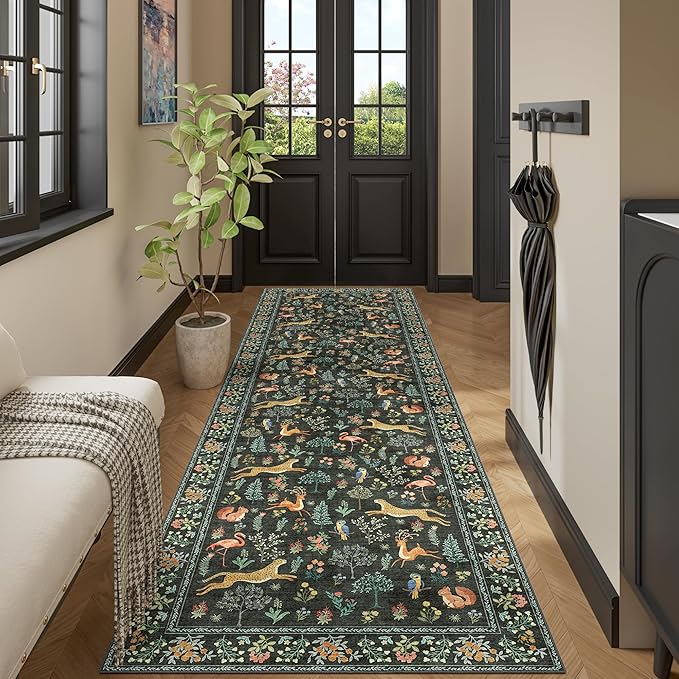 DUKINO 3x10 Washable Runner Rug for Hallway, Lightweight Long Kitchen Rug with Low Pile Design, Vintage Animal Non Shedding Thin Indoor Carpet for Entryway, Bathroom, Bedroom, Laundry Room, Black