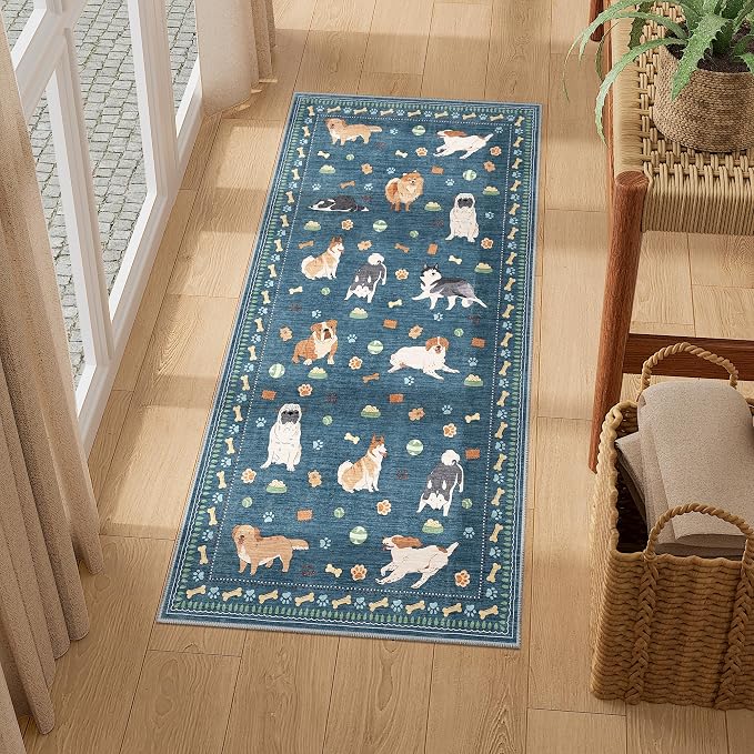DUKINO 2x4 Runner Rug for Entryway, Animal Dog Print Washable Kitchen Rug with Non Slip, Low Pile Indoor Door Mat Non Shedding Small Throw Carpet Runner for Hallway, Bathroom, Laundry, Bedroom, Blue
