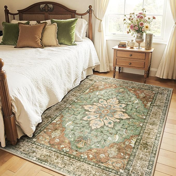 RELEANY Area Rugs 4'x5' Washable Non-Slip, Floral Vintage Distress Medallion Carpet for Living Room Bedroom Dining Room, Terracotta Burnt Orange Green