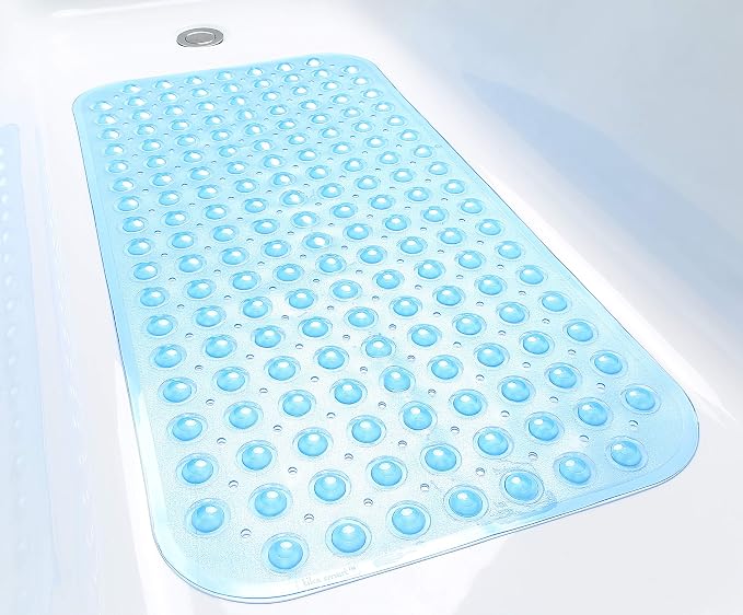 Large Non-Slip Bathtub & Shower Mat 31 inch x16 inch (Smooth/Non-Textured Tubs Only) Safe, Clean, Machine-Washable, Superior Grip&Drainage, Vinyl, Transparent Light Blue, Medium