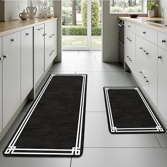 Black Retro Elegance Frame Textured Kitchen Rug Sets [2 PCs], Anti-Fatigue, Waterproof Non-Slip Kitchen Mats Heavy Duty Comfort Foam Rug for Kitchen, Floor, Laundry,17"x29"+17"x47"