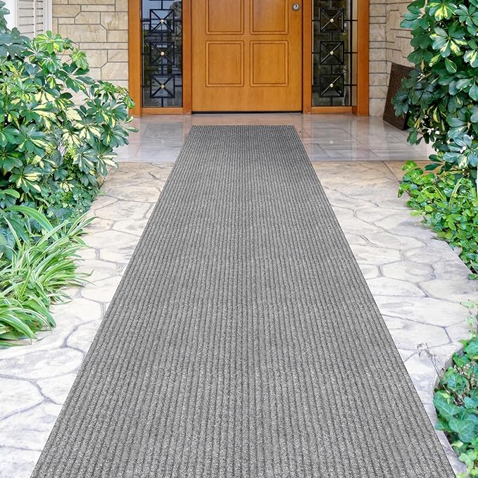 Ottomanson 2' x 12' Hallway Runner with Scraper Pile Extra Durable Non-Slip Rug Mat for Indoor & Outdoor Use - Ideal for Kitchen, Entryway, Patio & Garage - High-Traffic Carpet, Gray