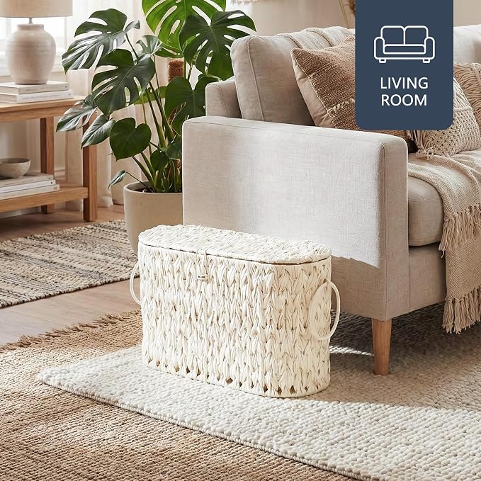 Coeusy Toilet Paper Basket,Wicker Toilet Paper Storage with Lid,Decorative Boho Wicker Basket for Bathroom,Free Standing-Cream White