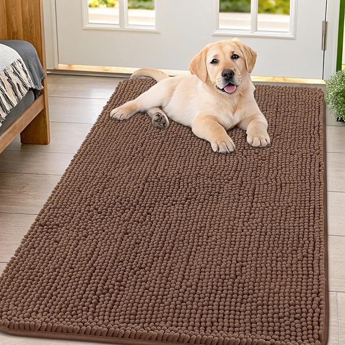 Smiry Dog Door Mat for Muddy Paws 47x32, Absorbent Dirt Trapper, Non-Slip Washable Chenille Entryway Rug for Inside Floor, Mocha, Classic Solid
