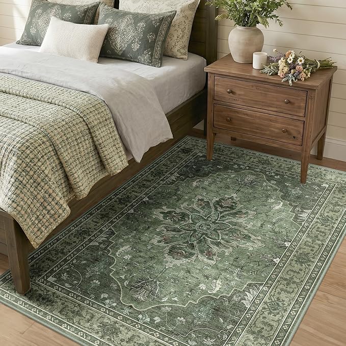 RELEANY Area Rugs 4'x5' Washable Non-Slip, Floral Vintage Distress Medallion Carpet for Living Room Bedroom Dining Room, Dark Green Gray