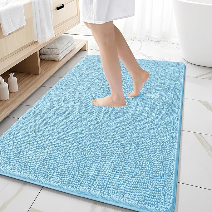 OLANLY Large Bathroom Rugs 59x35, Extra Soft Absorbent Chenille Bath Rugs, Rubber Backing Quick Dry, Machine Washable Bath Mats for Bathroom Floor, Tub and Shower, Home Decor Accessories, Sky Blue