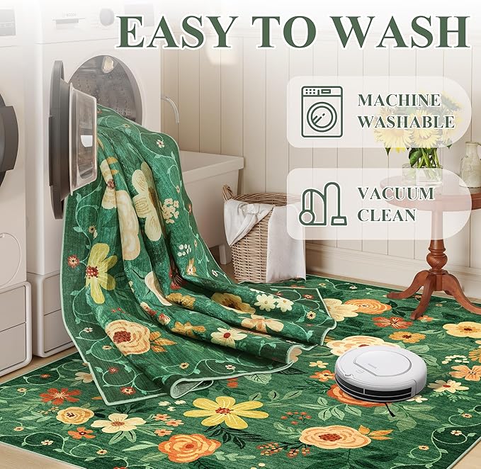 DUKINO 2x6 Runner Rug for Hallway, Washable Kitchen Runner Rug with Non Slip Backing, Low Pile Soft Boho Floral Runner for Kitchen, Hallway, Entryway, Laundry, Bedroom, Dark Green