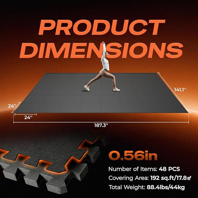 SUPERJARE 0.56'' Thick 48 Pcs 192 Sq Ft Rubber Top Exercise Equipment Mats, High Density EVA Foam Mats with Rubber Top, Interlocking Gym Flooring for Home Gym, Protective Workout Mat, Black