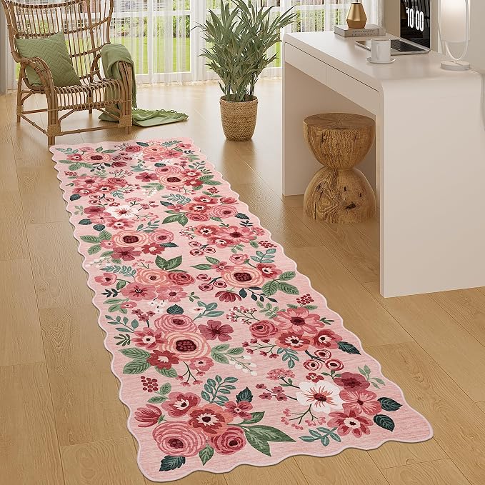 DUKINO 2x10 Runner Rug for Hallway, Washable Kitchen Rug with Non Slip Backing & Non-Shediing, Soft Low Pile Floral Design Runner for Bedroom, Kithchen, Living Room, Laundry, Bathroom, Pink