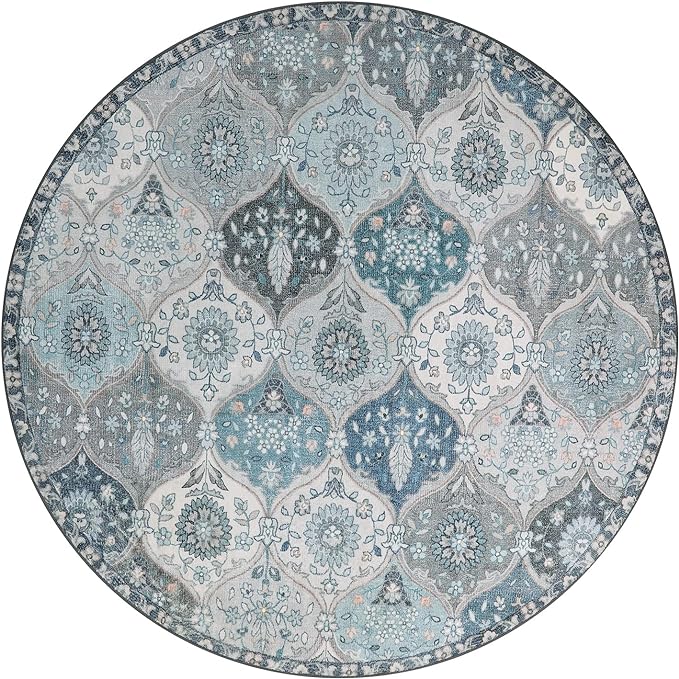 Lahome Moroccan Washable Round Area Rug, Soft Vintage Round Rugs 6ft Ultra-Thin Non-Slip, Distress Large Circle Carpet for Dining Room Living Room Bedroom Elise, Blue