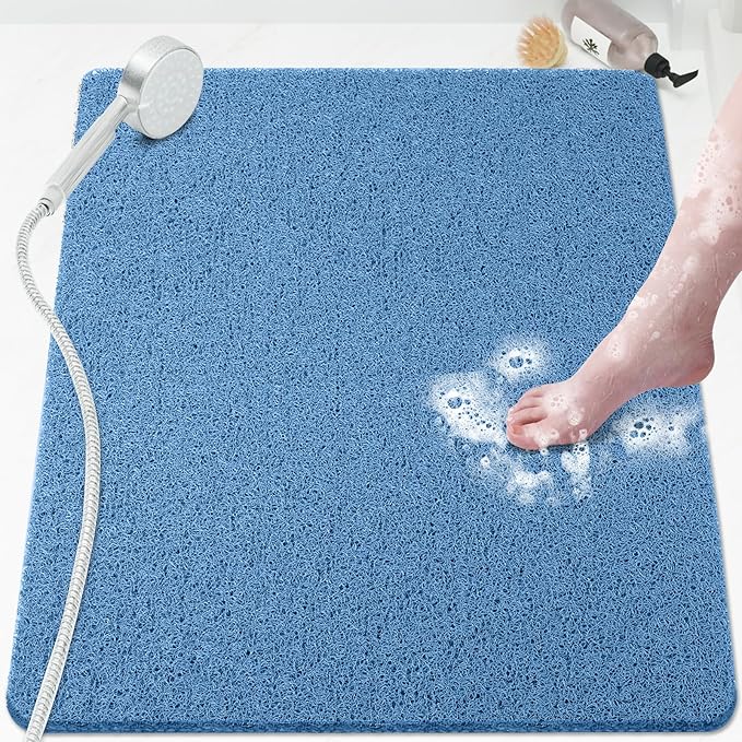 Shower Mat Bathtub Mat Non-Slip,32x24 inch, Soft Tub Mat with Drain,PVC Loofah Bath Mat (Phthalate Free) for Tub and Bathroom,Lake Blue