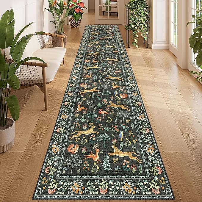 DUKINO 2.6x12 Hallway Runner Rug, Vintage Washable Loog Kitchen Rug with Non Slip Backing, Stain Resistant & Low Pile Animal Print Floor Carpet for Indoor Entrance Bathroom, Laundry, Bedroom, Black