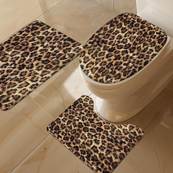 4 PCS Leopard Print Shower Curtain Set 72Wx72H,Toilet Lid Cover,Non-Slip Rugs and U-Shaped Mat,Wild Safari Cheetah Bathroom Sets with Rugs Shower Accessories 12 Hooks for Bathroom Decor