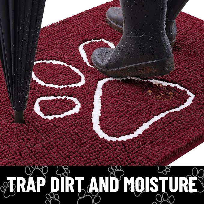 Smiry Dog Door Mat for Muddy Paws, Absorbent Dirt Trapper Non Slip Quick Dry Washable Chenille Mat for Mud Dogs, Entry Rug for Indoor and Outdoor (48x30 Inches, Burgundy and White)