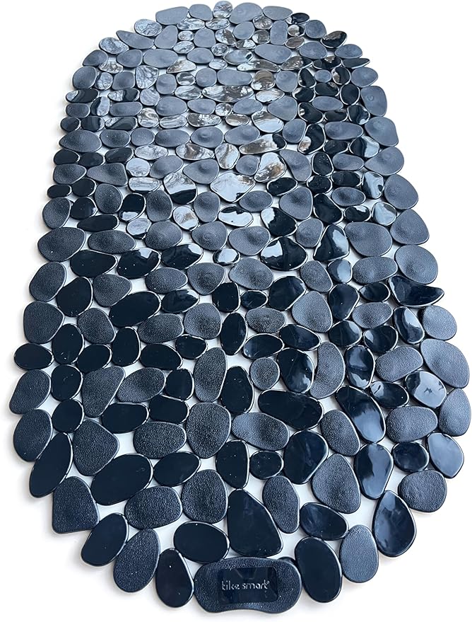 “Pebbles” Non-Slip Bathtub & Shower Mat 27”x14” Oval - Non-Toxic - Safe, Clean, Machine-Washable, Superior Grip & Drainage, Vinyl, for Smooth Floors ONLY, Opaque Black
