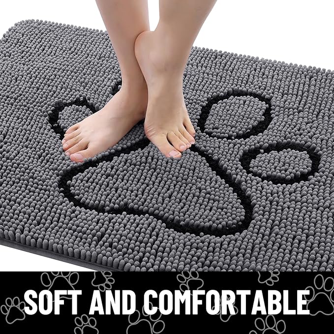 Smiry Dog Door Mat for Muddy Paws, Absorbent Dirt Trapper Non Slip Quick Dry Washable Chenille Mat for Mud Dogs, Entry Rug for Indoor and Outdoor (70x24 Inches, Dark Grey and Black)